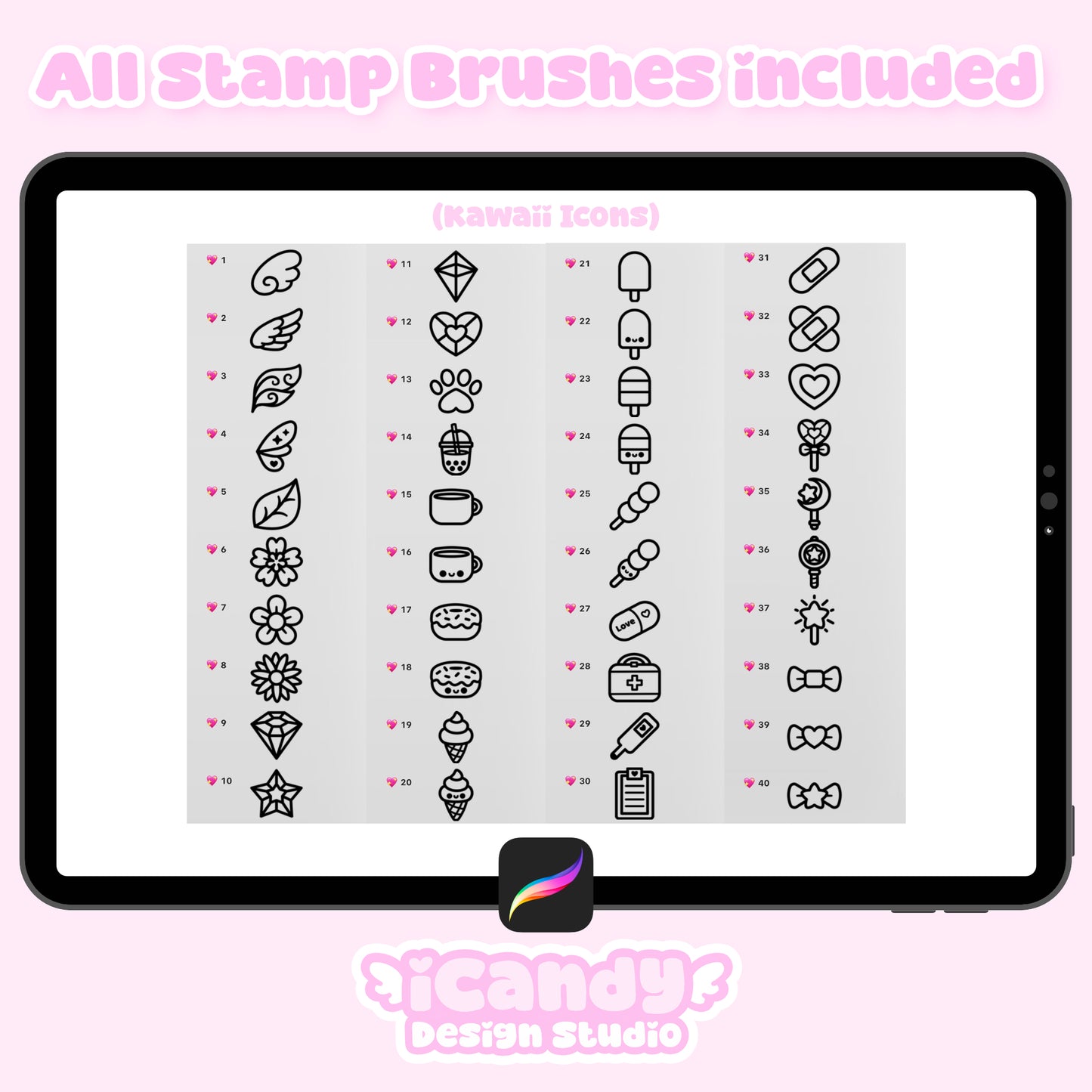 Kawaii Icons Procreate Stamp Brush Set - 40 Cute Digital Stamps