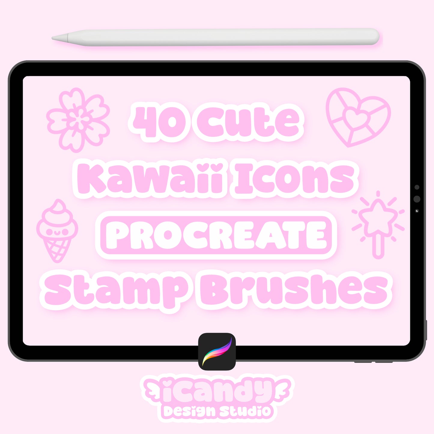 Kawaii Icons Procreate Stamp Brush Set - 40 Cute Digital Stamps