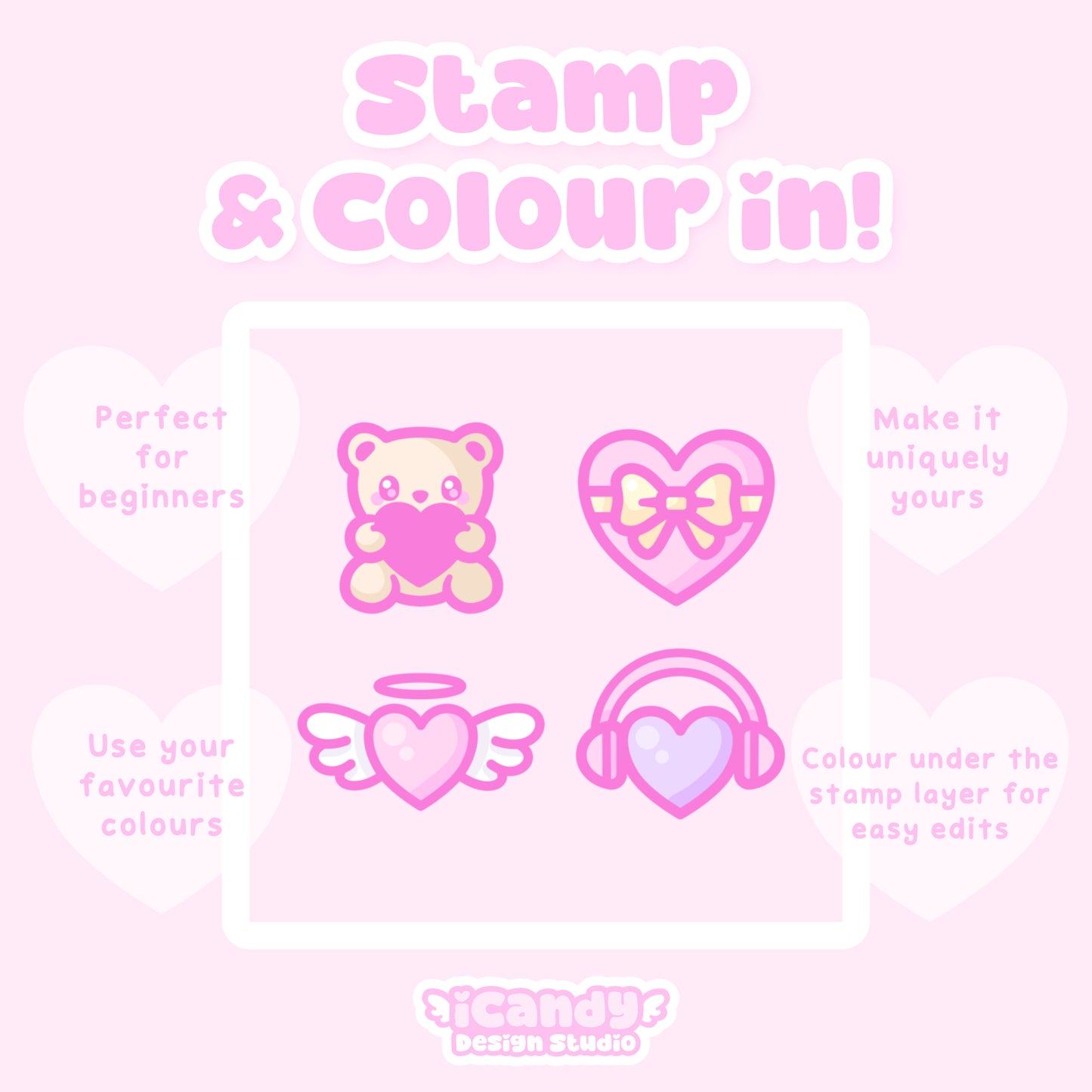 Kawaii Hearts Procreate Stamp Brush Set - 40 Cute Digital Stamps