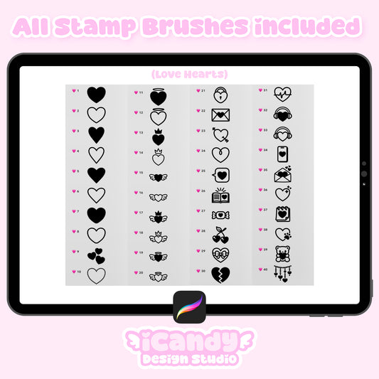 Kawaii Hearts Procreate Stamp Brush Set - 40 Cute Digital Stamps