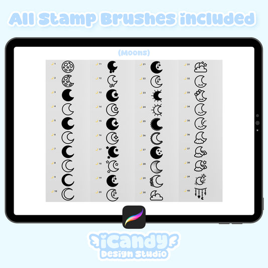 Kawaii Moons Procreate Stamp Brush Set - 40 Cute Digital Stamps